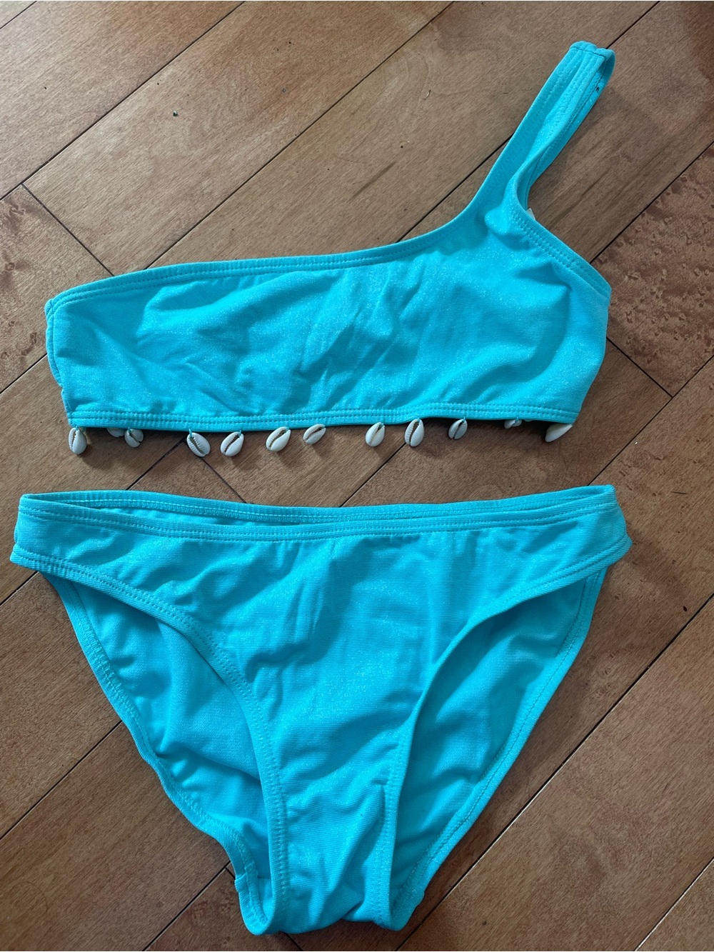 NWOT Turquoise One-Shoulder Bikini Set with Shell Trim